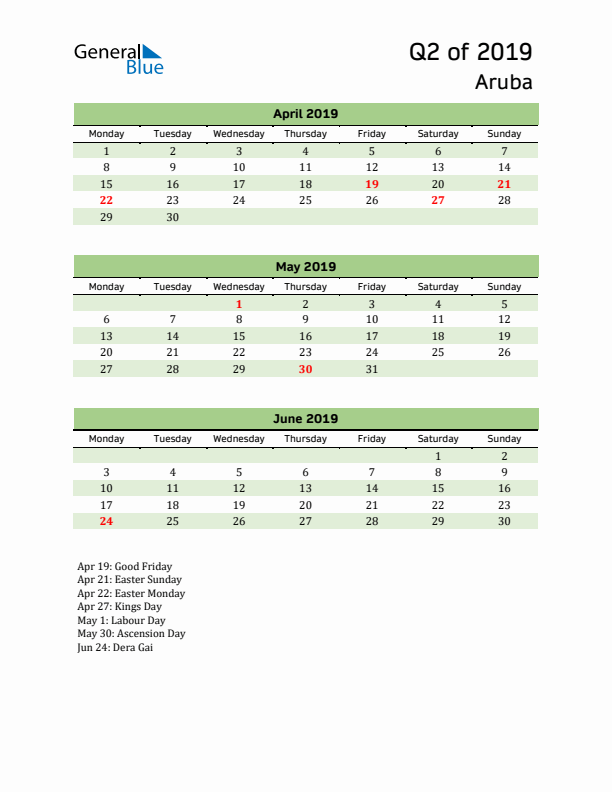 Quarterly Calendar 2019 with Aruba Holidays