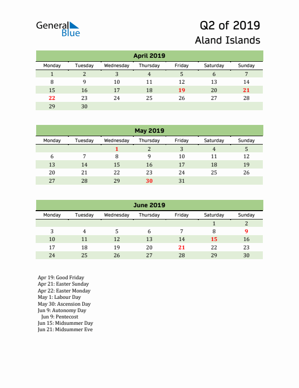 Quarterly Calendar 2019 with Aland Islands Holidays