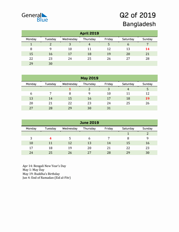 Quarterly Calendar 2019 with Bangladesh Holidays