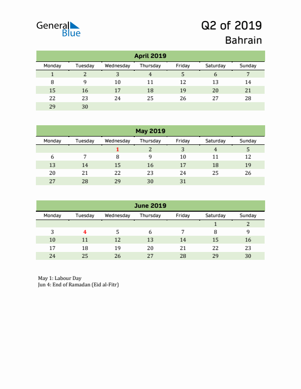 Quarterly Calendar 2019 with Bahrain Holidays