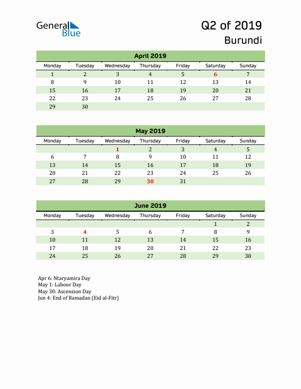 Quarterly Calendar 2019 with Burundi Holidays