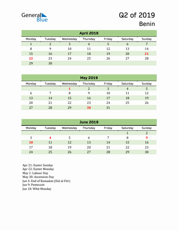 Quarterly Calendar 2019 with Benin Holidays