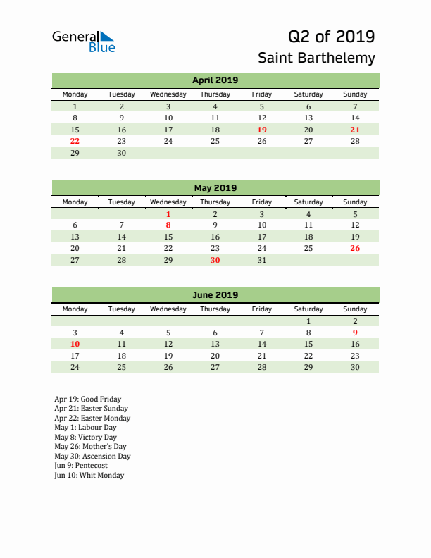 Quarterly Calendar 2019 with Saint Barthelemy Holidays