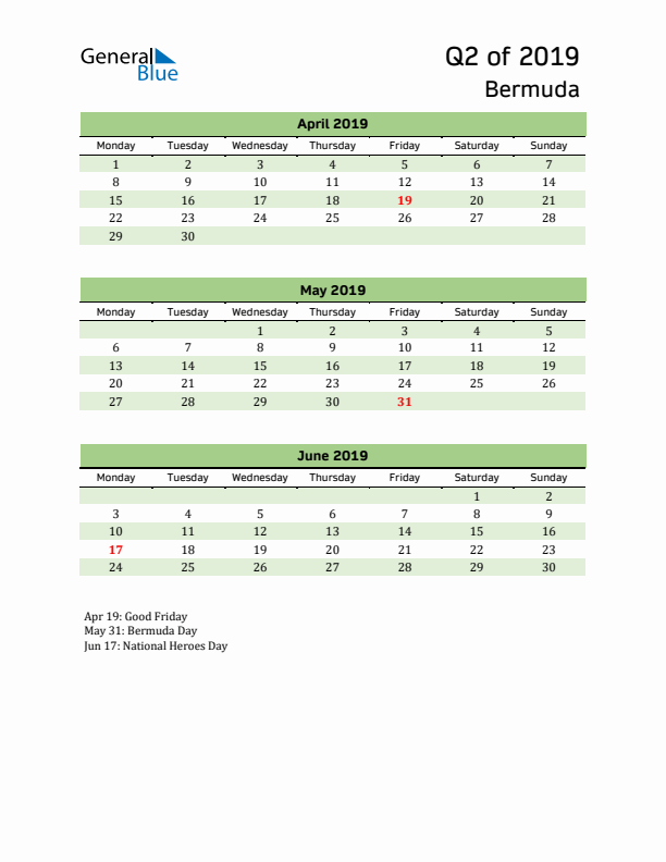 Quarterly Calendar 2019 with Bermuda Holidays