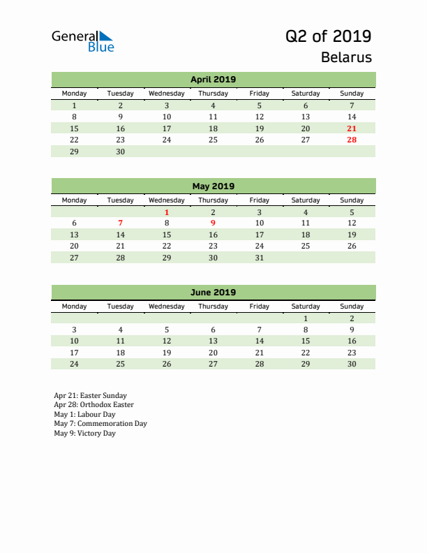 Quarterly Calendar 2019 with Belarus Holidays