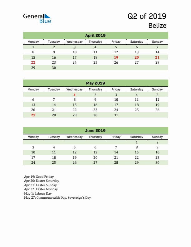 Quarterly Calendar 2019 with Belize Holidays