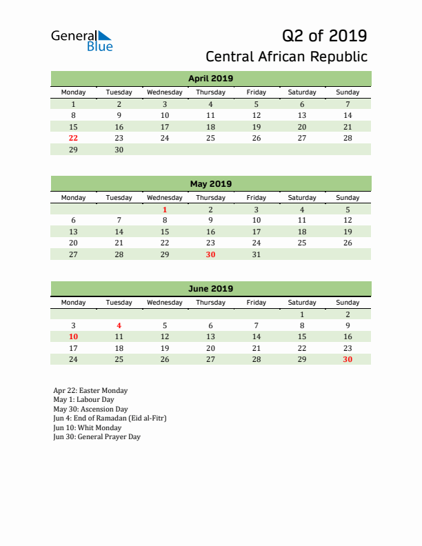 Quarterly Calendar 2019 with Central African Republic Holidays