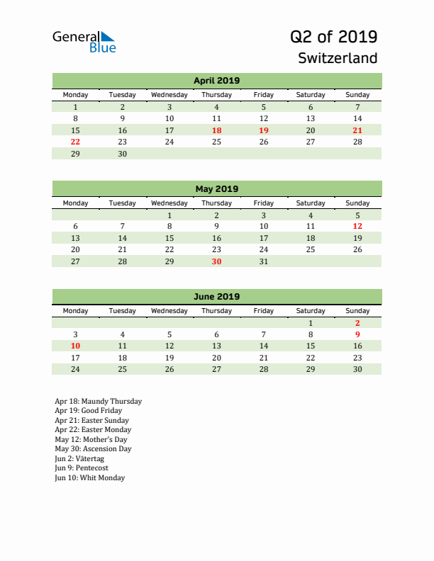 Quarterly Calendar 2019 with Switzerland Holidays