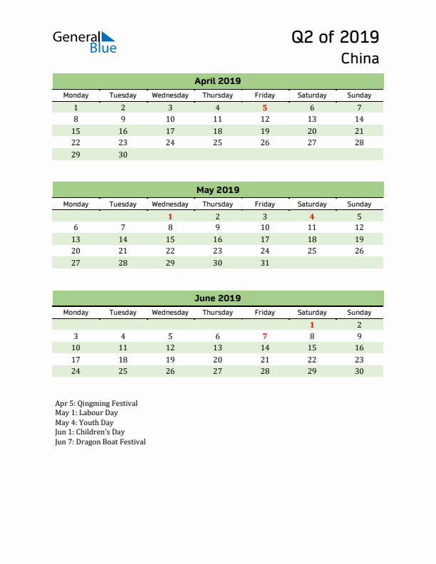 Quarterly Calendar 2019 with China Holidays