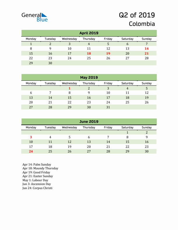 Quarterly Calendar 2019 with Colombia Holidays