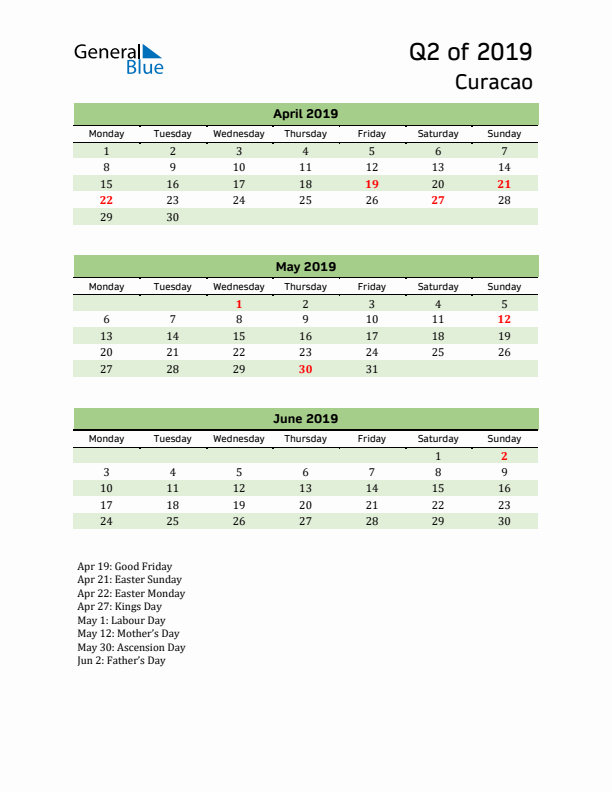 Quarterly Calendar 2019 with Curacao Holidays