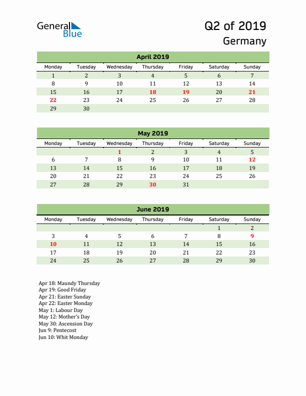 Quarterly Calendar 2019 with Germany Holidays