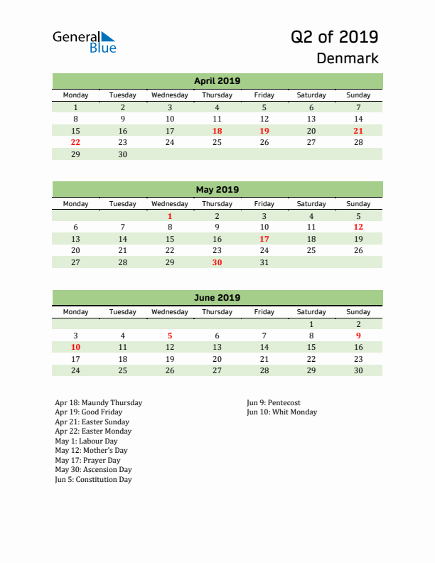 Quarterly Calendar 2019 with Denmark Holidays