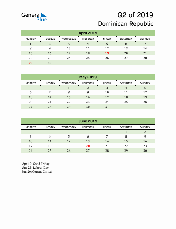 Quarterly Calendar 2019 with Dominican Republic Holidays