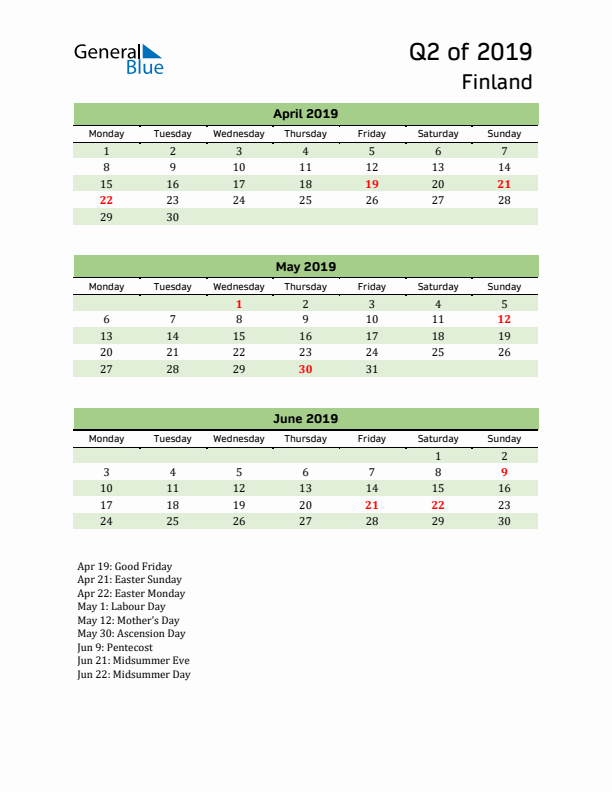 Quarterly Calendar 2019 with Finland Holidays