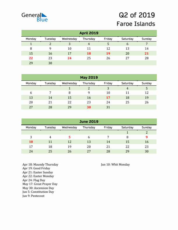 Quarterly Calendar 2019 with Faroe Islands Holidays