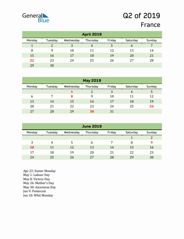 Quarterly Calendar 2019 with France Holidays