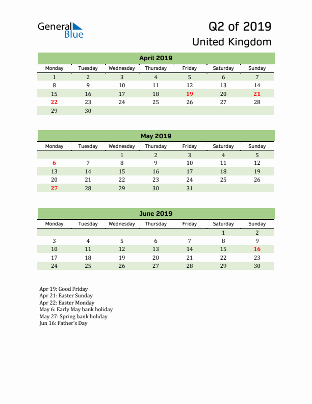 Quarterly Calendar 2019 with United Kingdom Holidays