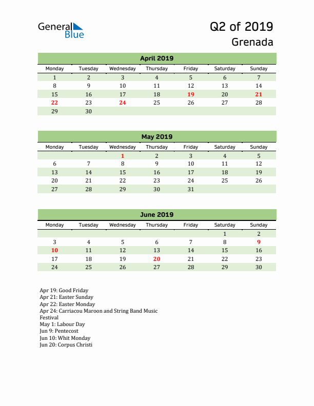 Quarterly Calendar 2019 with Grenada Holidays