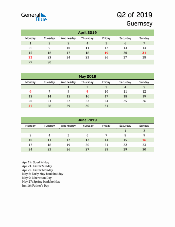 Quarterly Calendar 2019 with Guernsey Holidays