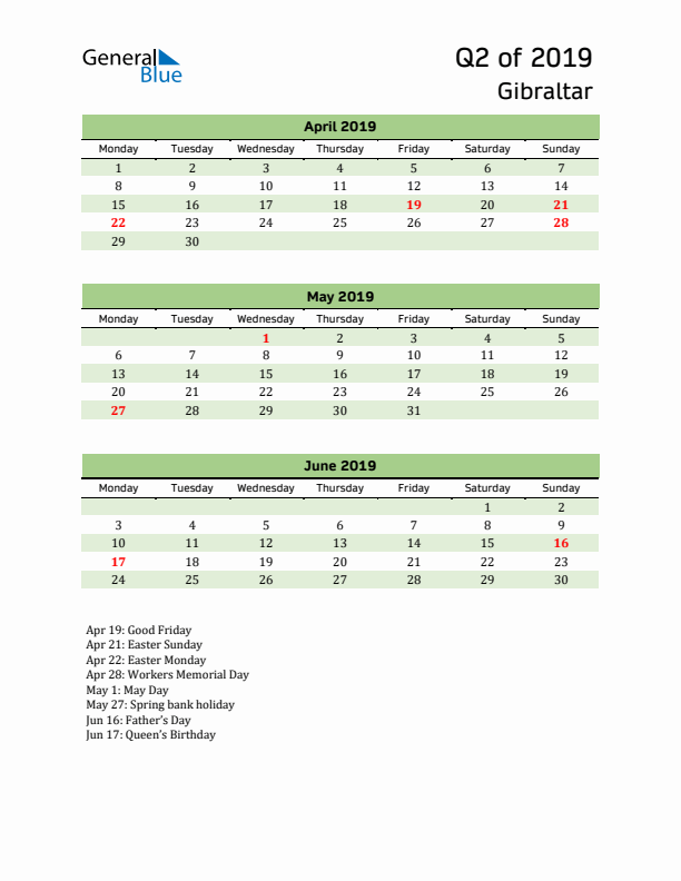 Quarterly Calendar 2019 with Gibraltar Holidays