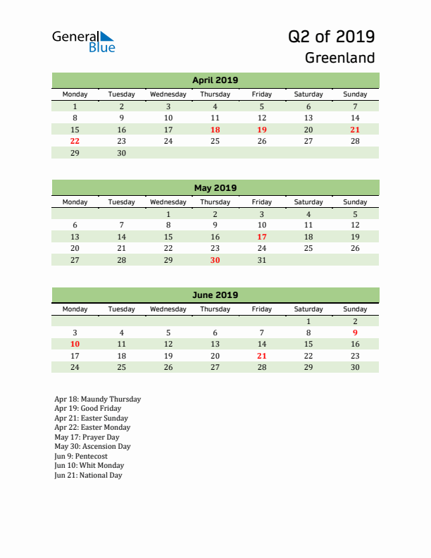 Quarterly Calendar 2019 with Greenland Holidays