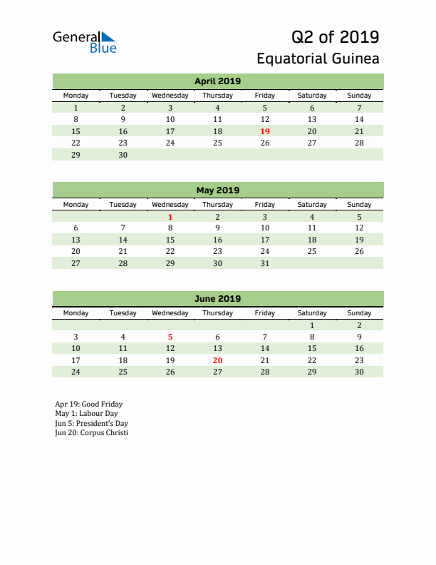 Quarterly Calendar 2019 with Equatorial Guinea Holidays