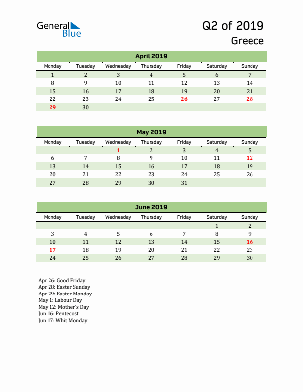 Quarterly Calendar 2019 with Greece Holidays