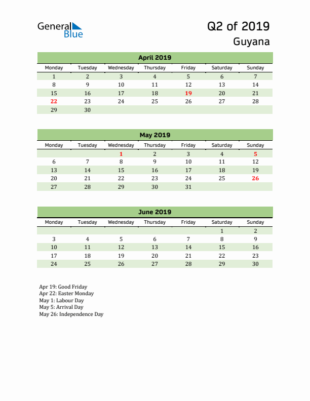 Quarterly Calendar 2019 with Guyana Holidays