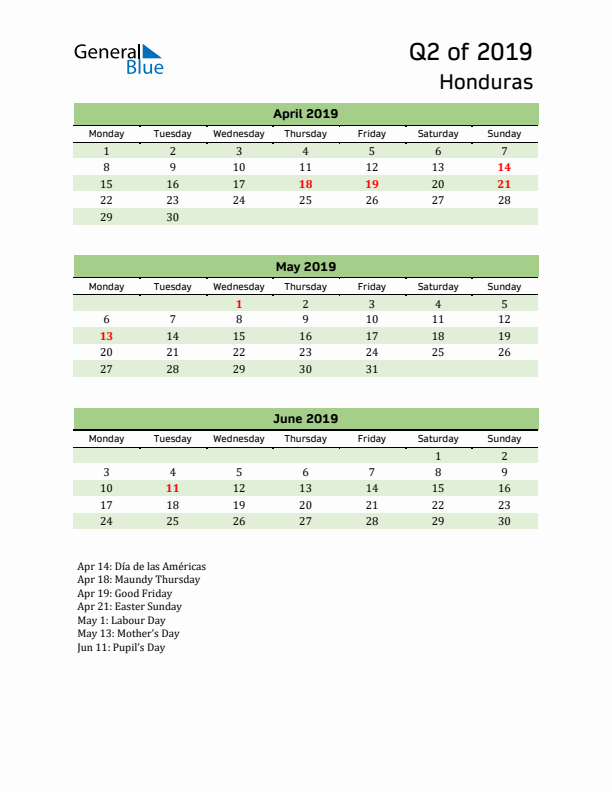 Quarterly Calendar 2019 with Honduras Holidays