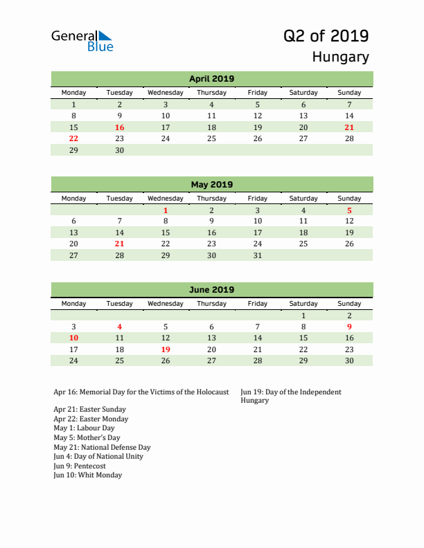 Quarterly Calendar 2019 with Hungary Holidays