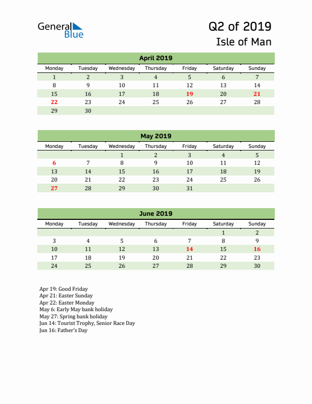 Quarterly Calendar 2019 with Isle of Man Holidays