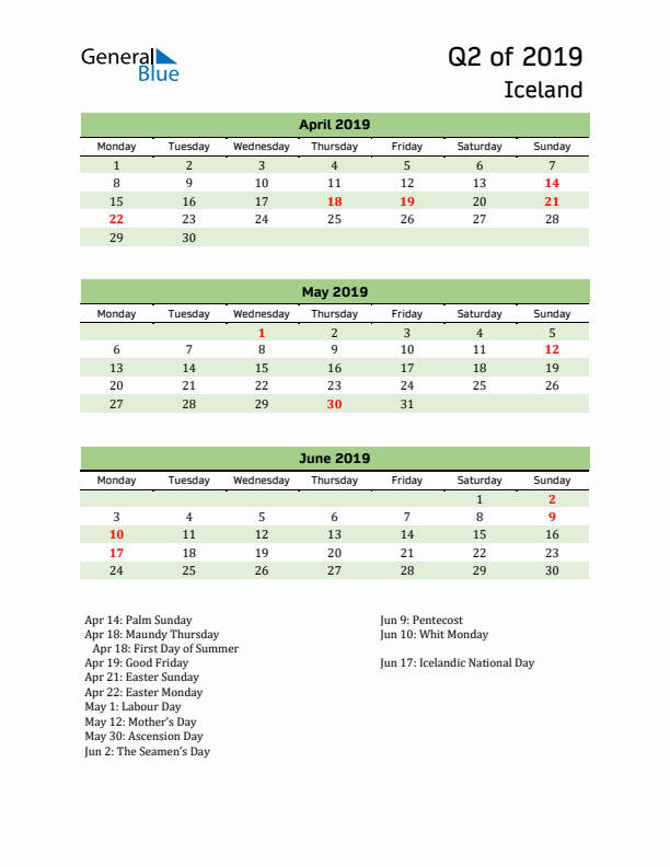 Quarterly Calendar 2019 with Iceland Holidays