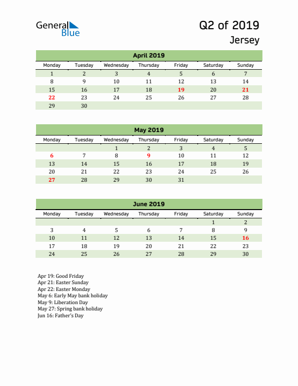 Quarterly Calendar 2019 with Jersey Holidays