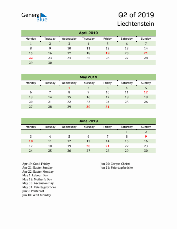 Quarterly Calendar 2019 with Liechtenstein Holidays