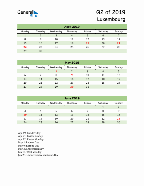 Quarterly Calendar 2019 with Luxembourg Holidays