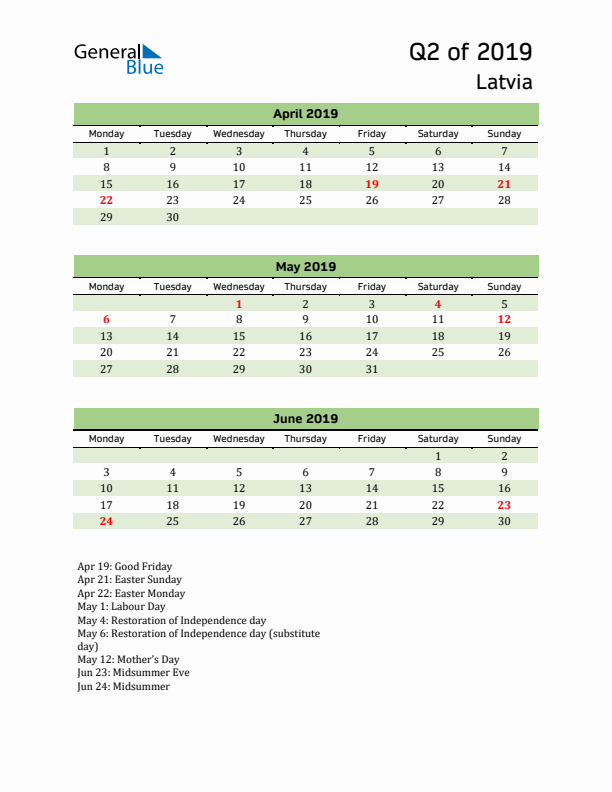 Quarterly Calendar 2019 with Latvia Holidays