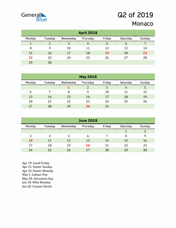 Quarterly Calendar 2019 with Monaco Holidays