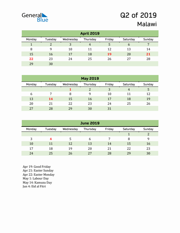 Quarterly Calendar 2019 with Malawi Holidays