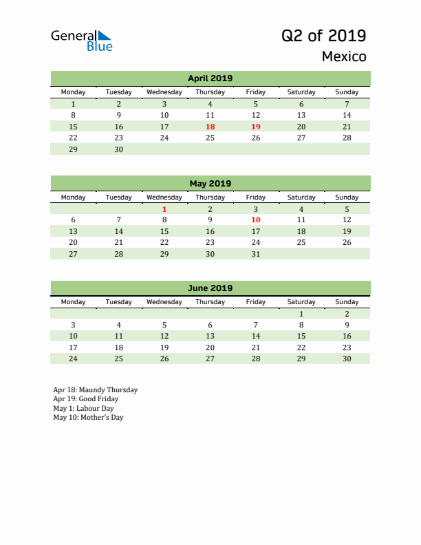 Quarterly Calendar 2019 with Mexico Holidays