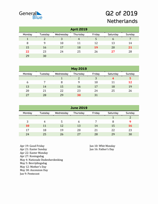 Quarterly Calendar 2019 with The Netherlands Holidays