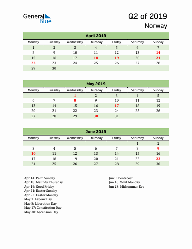 Quarterly Calendar 2019 with Norway Holidays