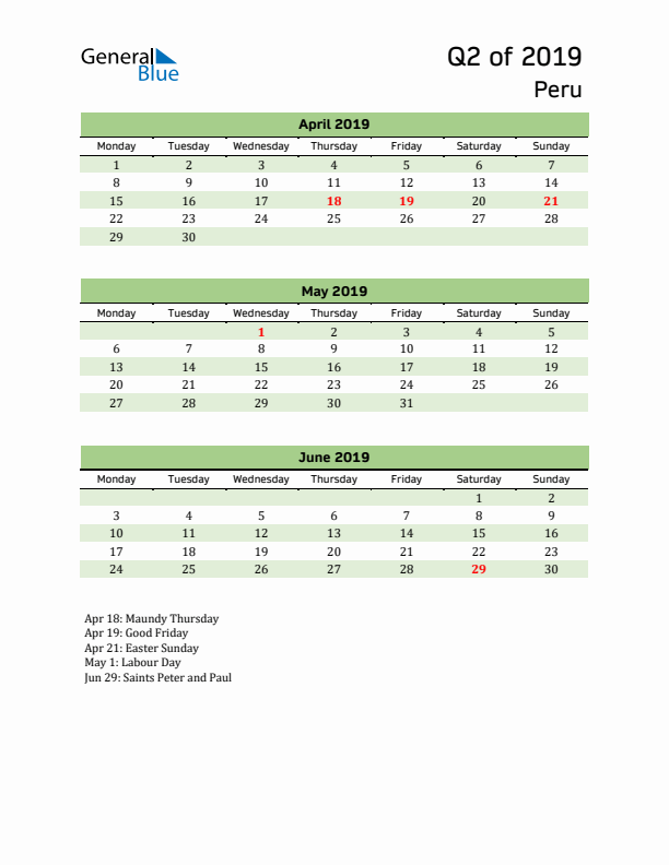 Quarterly Calendar 2019 with Peru Holidays