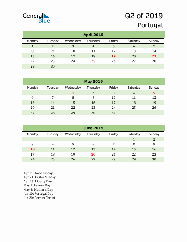 Quarterly Calendar 2019 with Portugal Holidays