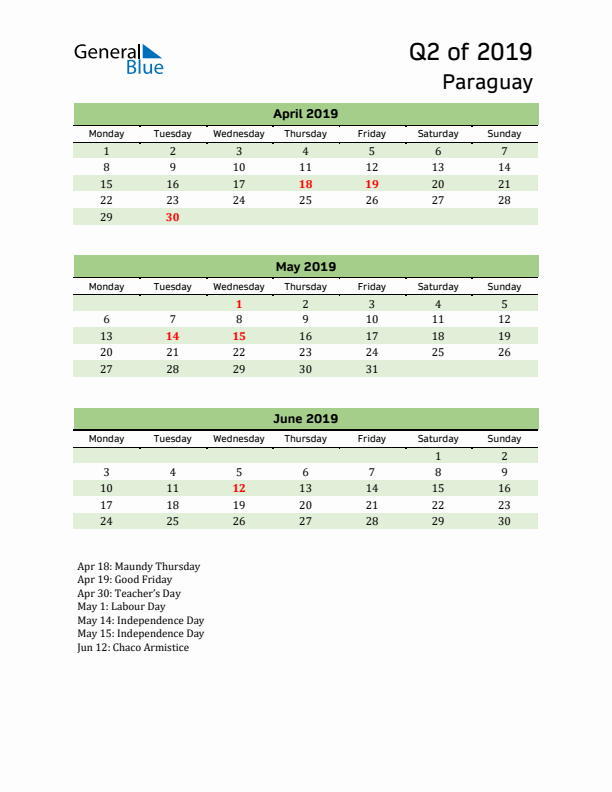 Quarterly Calendar 2019 with Paraguay Holidays