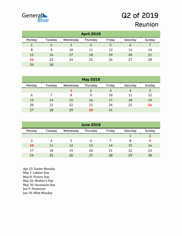 Quarterly Calendar 2019 with Reunion Holidays