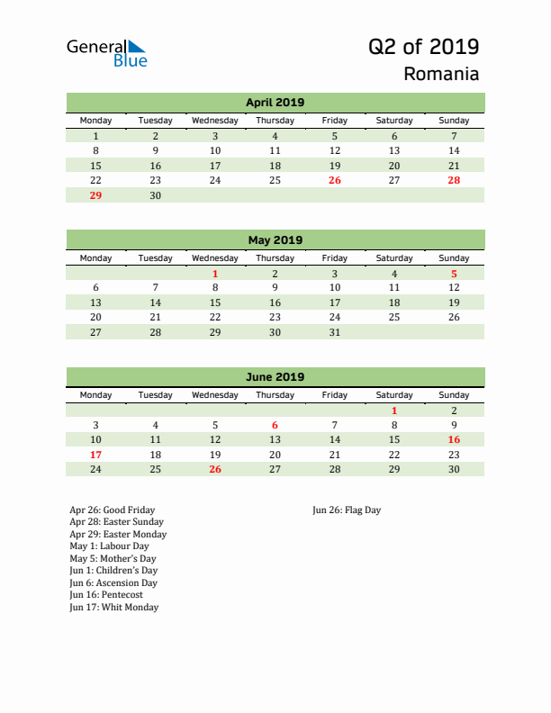 Quarterly Calendar 2019 with Romania Holidays