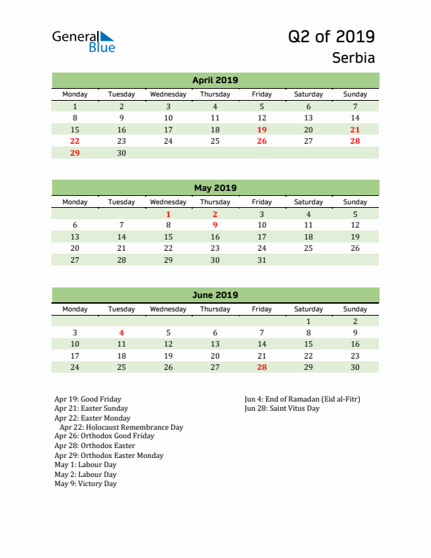 Quarterly Calendar 2019 with Serbia Holidays