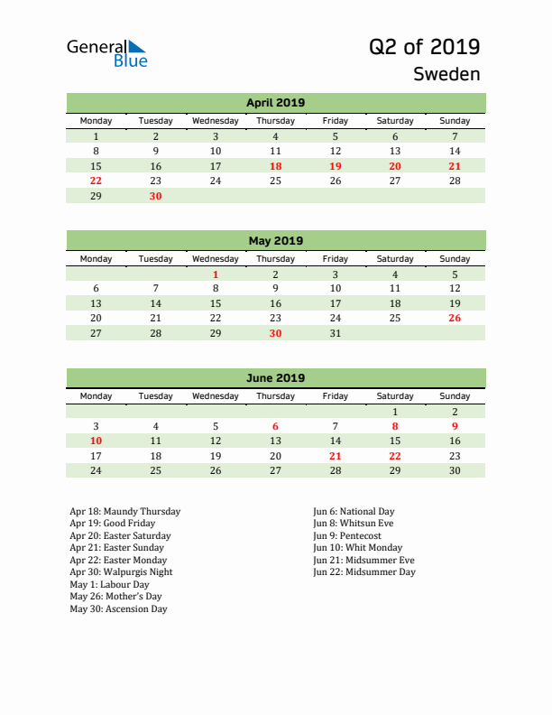 Quarterly Calendar 2019 with Sweden Holidays