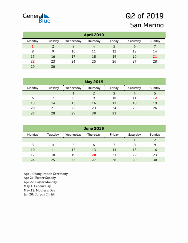 Quarterly Calendar 2019 with San Marino Holidays